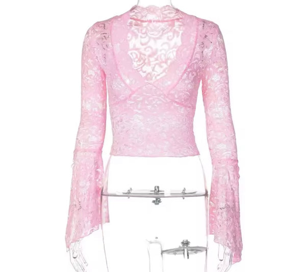 Women Color Lace V-Neck Full Sleeve Crop Top