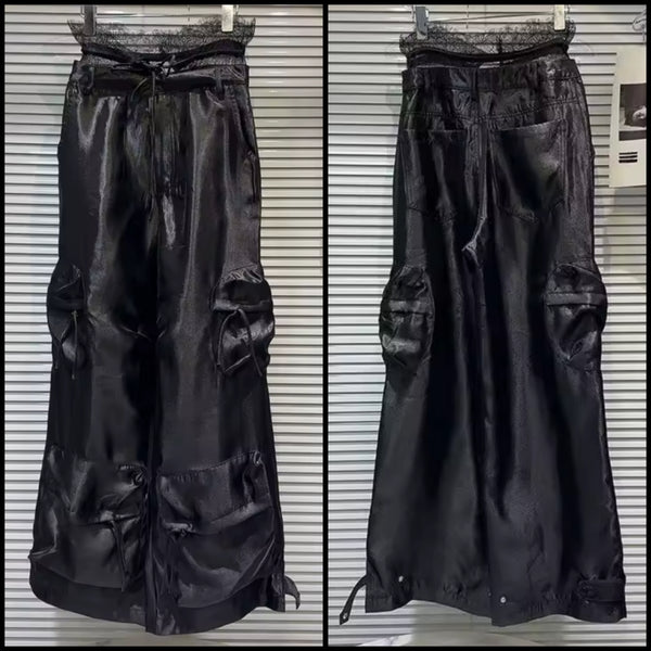 Women Fashion Black Lace Satin Cargo Pants
