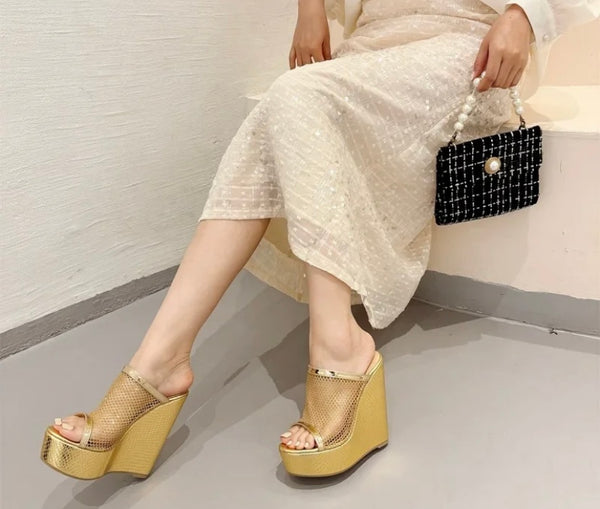 Women Fashion PU Mesh Platform Slide On Sandals