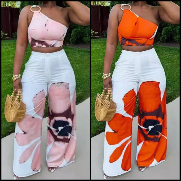 Women Sexy One Shoulder Sleeveless Crop Floral Two Piece Pant Set