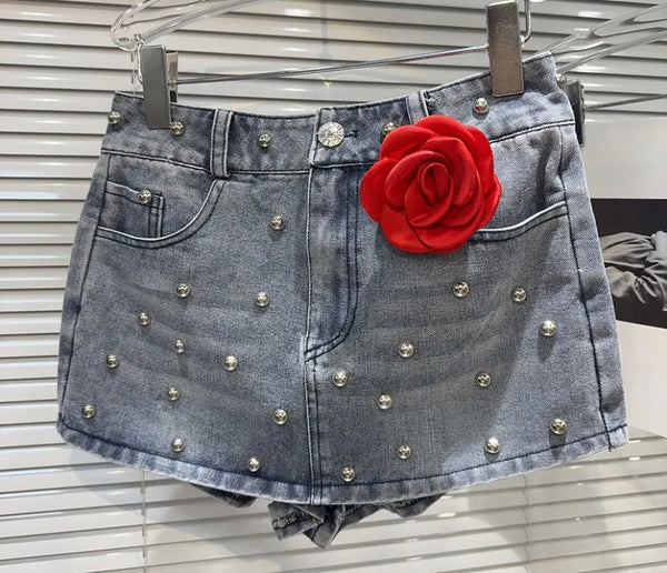 Women Sexy Fashion Rivet Floral Denim Two Piece Skirt Set