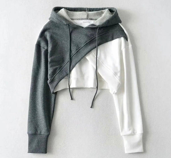 Women Fashion Color Patchwork Hooded Crop Top