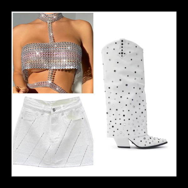 Women Fashion White Bling Rivet Knee High Western Boots