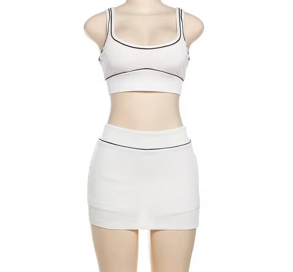 Women Sleeveless Striped Crop Sexy Two Piece Skirt Set