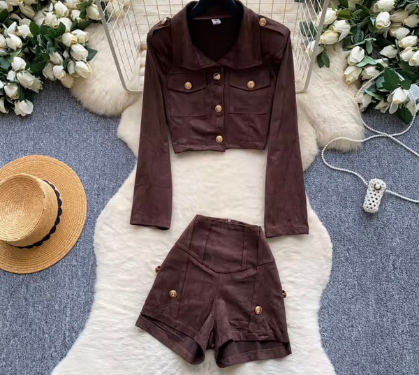 Women Fashion Suede Button Up Full Sleeve Two Piece Short Set
