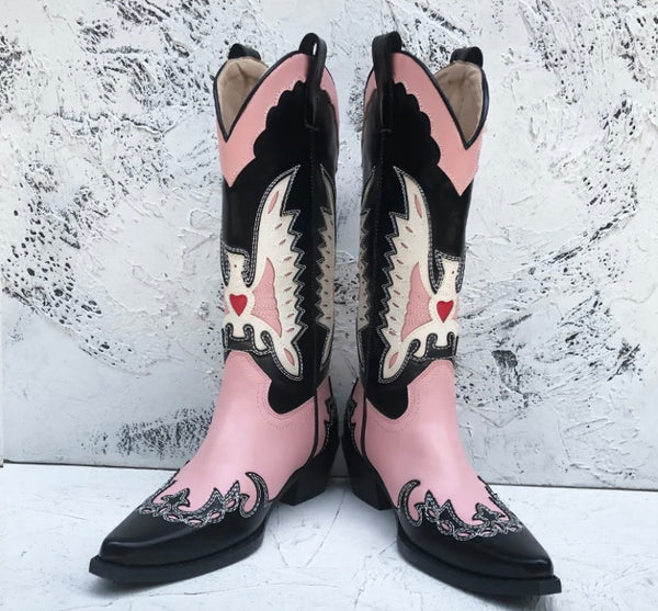 Women Fashion Faux Leather Color Patchwork Western Boots