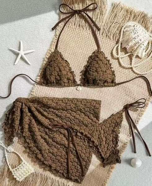 Women Sexy Solid Color Ruffled Halter Bikini Cover Up Set