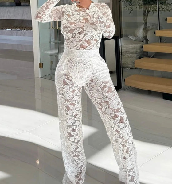 Women Lace Full Sleeve Sexy Two Piece Pant Set