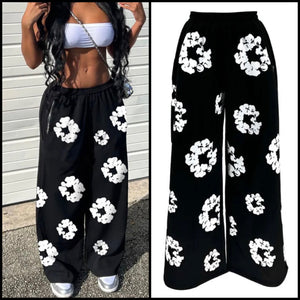 Women Fashion B&W Floral Wide Leg Pants