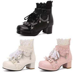 Women Lace Chain Buckled Fashion Faux Leather Ankle Boots