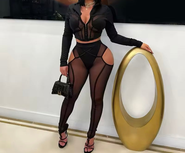 Women Sexy Black Cut Out Mesh Pant Set