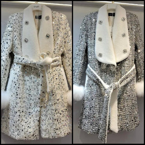 Women Warm Fashion Faux Fur Patchwork Crystal Sequins Trench Jacket