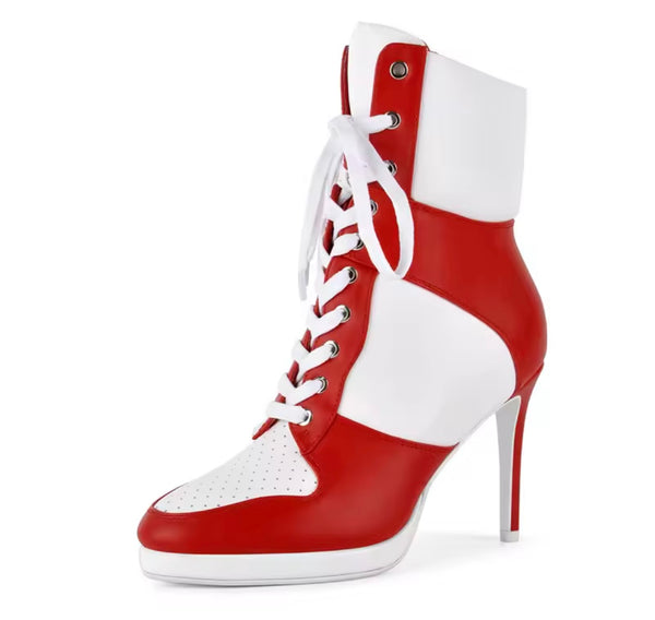 Women Fashion Pointed Toe Tie Up High Heel Ankle Boots