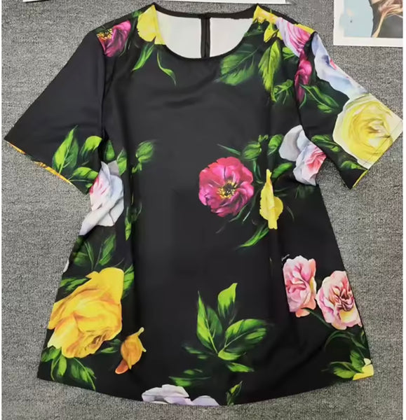 Women Black Floral Print Fashion Two Piece Short Set