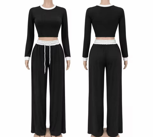 Women Fashion Color Patchwork Drawstring Two Piece Pant Set