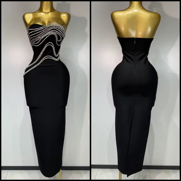 Women Black Sexy Strapless Rhinestone Maxi Dress
