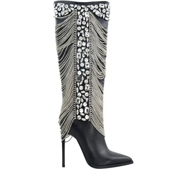 Women Black Fashion Bling Tassel Knee High Boots