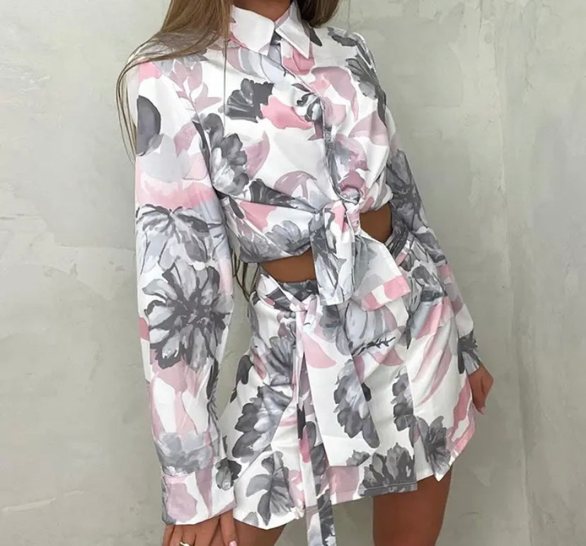 Women Sexy Floral Full Sleeve Two Piece Skirt Set