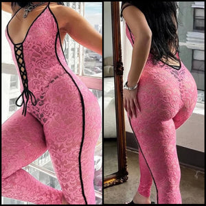 Women Sexy Pink Sleeveless Halter Lace Jumpsuit