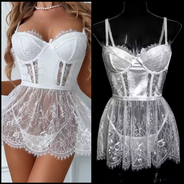 Women Sexy White Lace Nightgown Lingerie Set