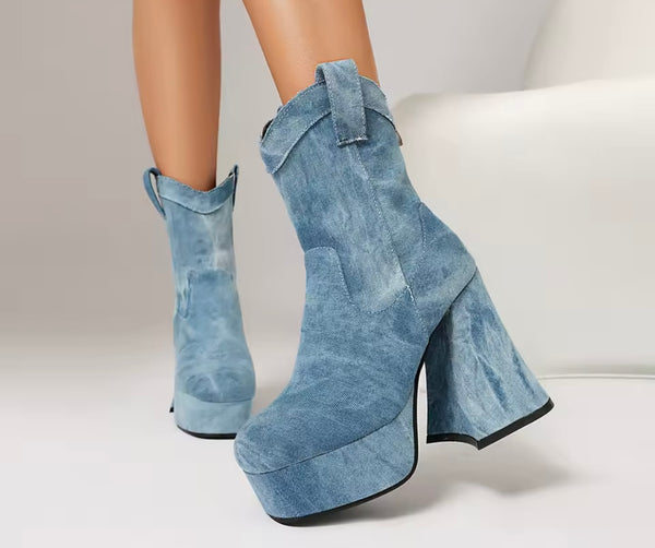 Women Fashion Square Toe Platform High Heel Ankle Boots