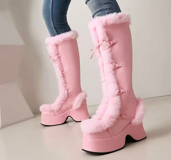 Women Fashion Faux Leather Fur Patchwork Platform Knee High Boots