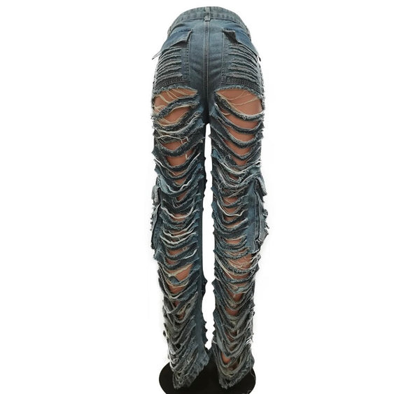 Women Fashion Ripped Cargo Denim Pants