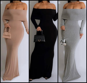 Women Sexy Solid Color Off The Shoulder Full Sleeve Maxi Dress
