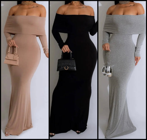 Women Sexy Solid Color Off The Shoulder Full Sleeve Maxi Dress