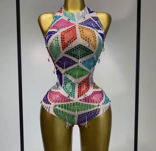 Women Halter Sleeveless Colorful Crystal Mesh Bodysuit Top