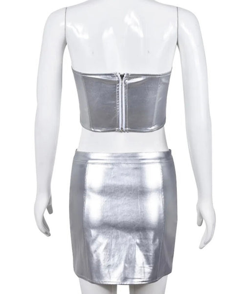 Women Silver Sexy Strapless Two Piece PU Skirt Set