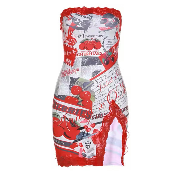 Women Sexy Strapless Cherry Print Lace Patchwork Dress