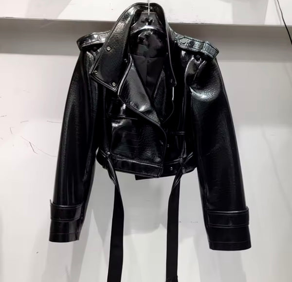 Women Fashion Black PU Leather Jacket Two Piece Maxi Skirt Set