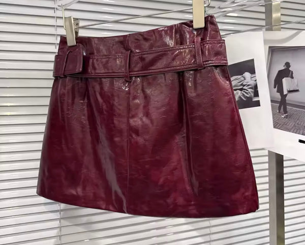 Women Sexy Fashion Color Faux Leather Belted Skirt