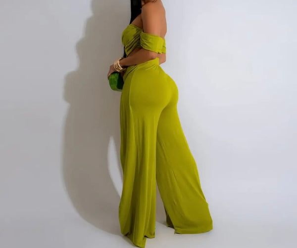 Women Sexy Off The Shoulder Short Sleeve Front Split Two Piece Pant Set