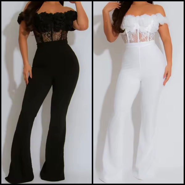 Women Sexy Ruffled Off The Shoulder Lace Patchwork Jumpsuit