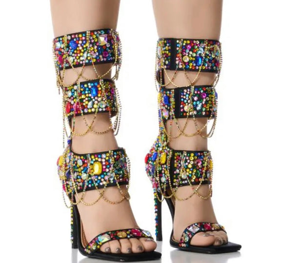 Women Fashion Chain Crystal High Heel Mid-Calf Sandals