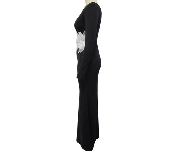 Women Black Sexy Floral Cut Out One Shoulder Maxi Dress