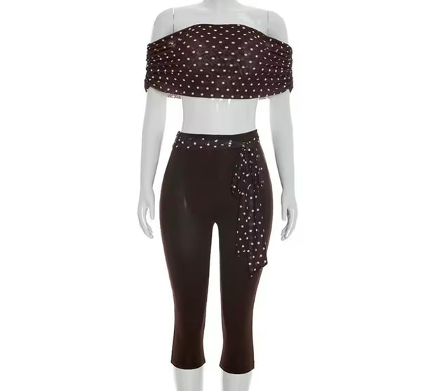 Women Fashion Off The Shoulder Polka Dot Two Piece Capri Pant Set