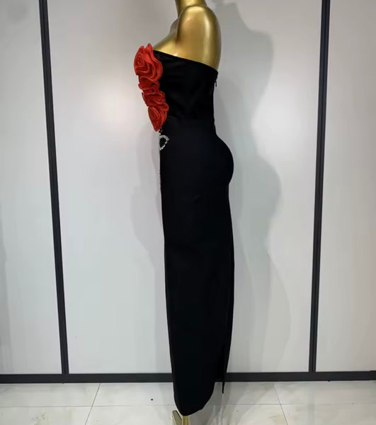Women Sexy Strapless 3D Floral Rhinestone Maxi Dress