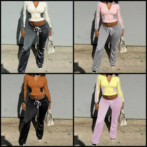 Women Fashion Color Patchwork Zip Up Two Piece Tracksuit Pant Set