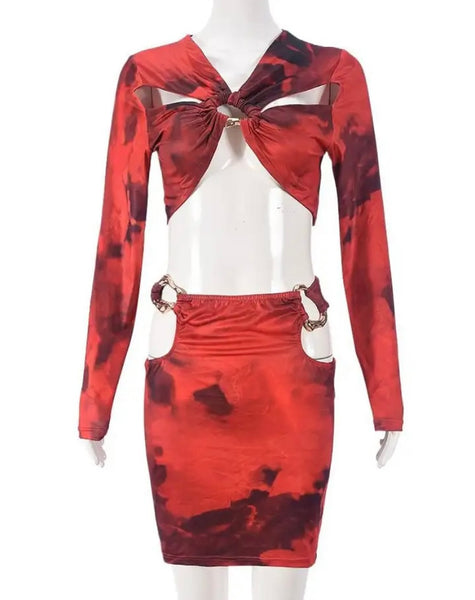 Women Sexy Red Printed Cut Out Full Sleeve Crop Two Piece Skirt Set