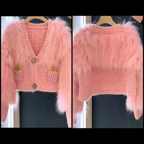 Women Pink Fashion Faux Fur Knitted Sweater Top