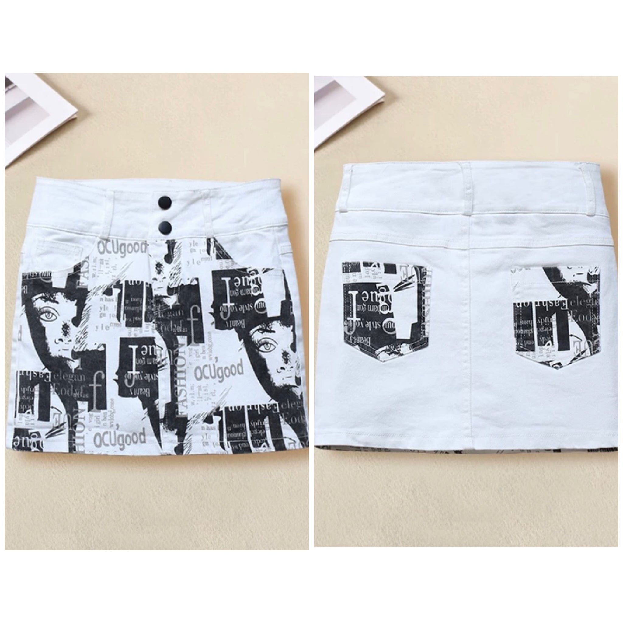 Women Fashion White Graffiti Print Denim Skirt
