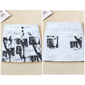 Women Fashion White Graffiti Print Denim Skirt
