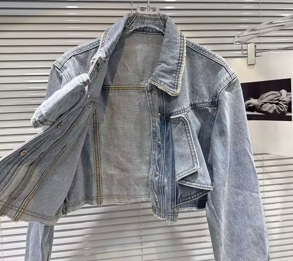 Women Fashion Blue Bow Denim Jacket Two Piece Pant Set