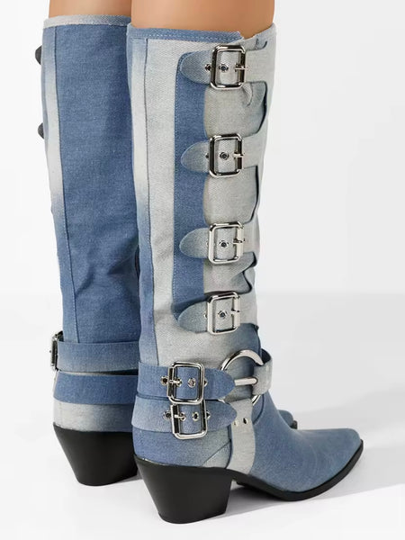 Women Fashion Buckled Denim Knee High Western Boots
