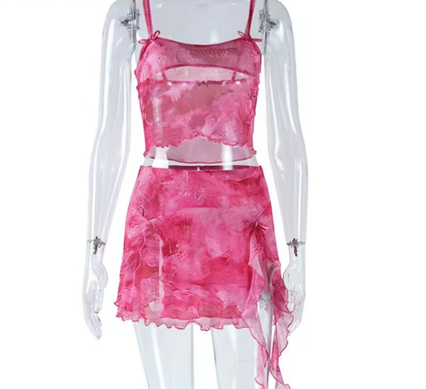 Women Sexy Sleeveless Pink Tie Dye Two Piece Skirt Set