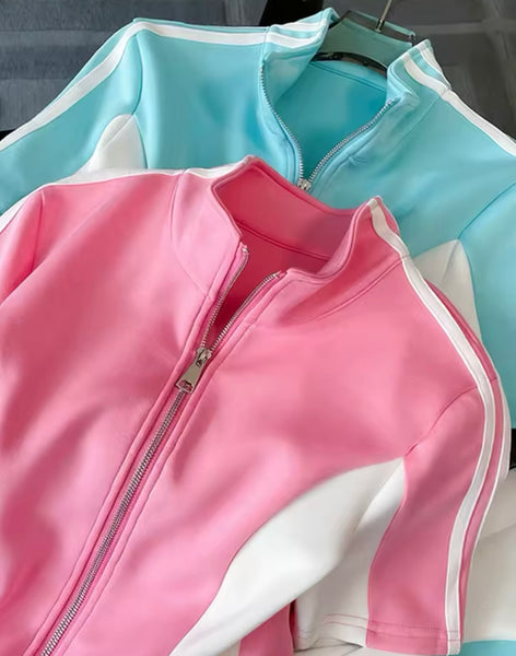 Women Fashion Color Patchwork Short Sleeve Tracksuit Two Piece Pant Set