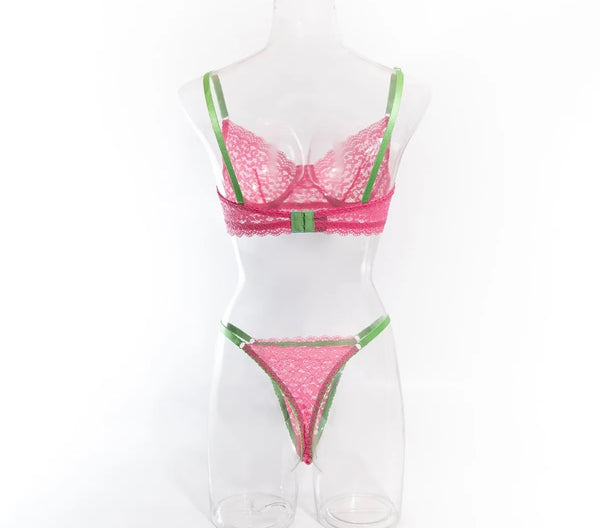 Women Sexy Pink Color Patchwork Lace Lingerie Set